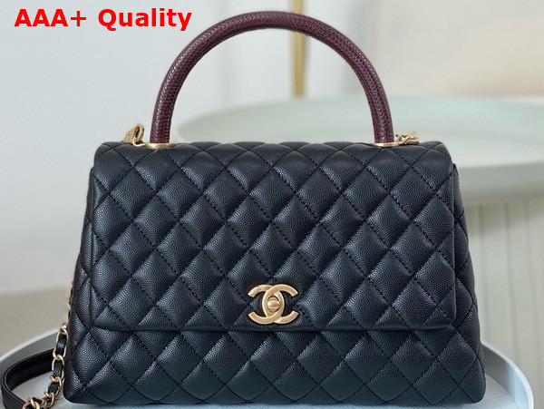 Chanel Medium Coco Handle Bag in Black Grained Calfskin with Burgundy Lizard Top Handle Replica