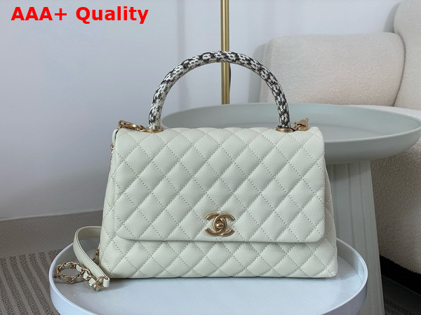 Chanel Medium Coco Handle Bag in White Grained Calfskin with Python Top Handle Replica