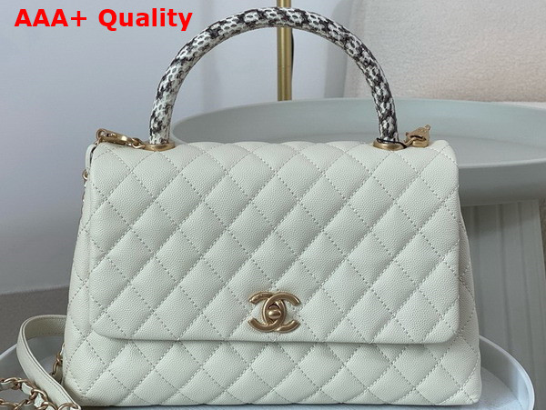 Chanel Medium Coco Handle Bag in White Grained Calfskin with Python Top Handle Replica