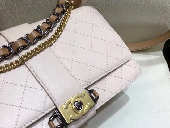 Chanel Medium Flap Bag in Beige Calfskin Ruthenium Finish and Gold Tone Metal