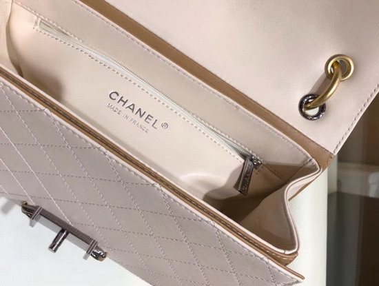 Chanel Medium Flap Bag in Beige Calfskin Ruthenium Finish and Gold Tone Metal