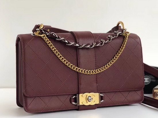 Chanel Medium Flap Bag in Burgundy Calfskin Ruthenium Finish and Gold Tone Metal