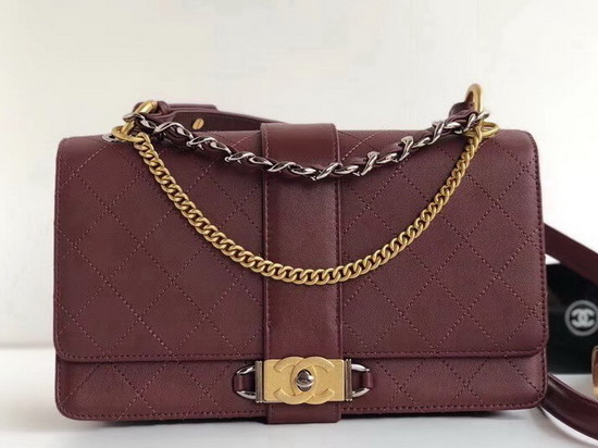 Chanel Medium Flap Bag in Burgundy Calfskin Ruthenium Finish and Gold Tone Metal