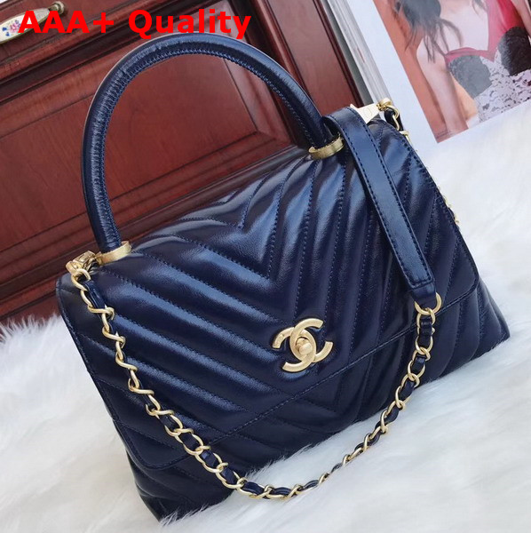 Chanel Medium Flap Bag with Top Handle Navy Blue Calfskin Gold Hardwares Replica