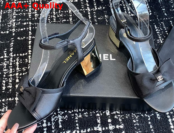 Chanel Medium Heel Sandals Black Lambskin and Grosgrain Replica