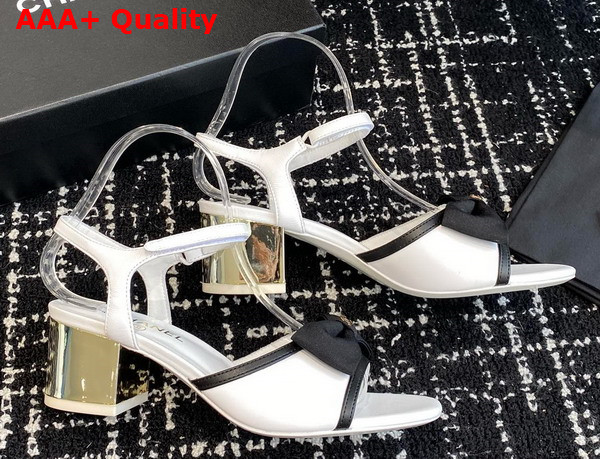 Chanel Medium Heel Sandals Lambskin and Grosgrain White and Black Replica