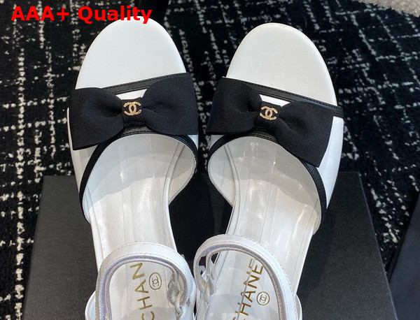 Chanel Medium Heel Sandals Lambskin and Grosgrain White and Black Replica