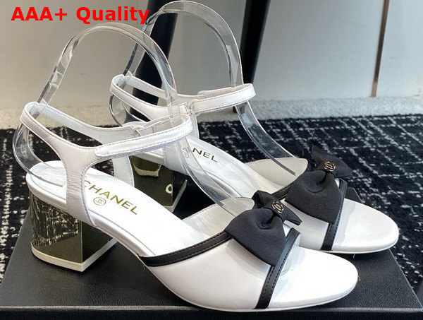 Chanel Medium Heel Sandals Lambskin and Grosgrain White and Black Replica