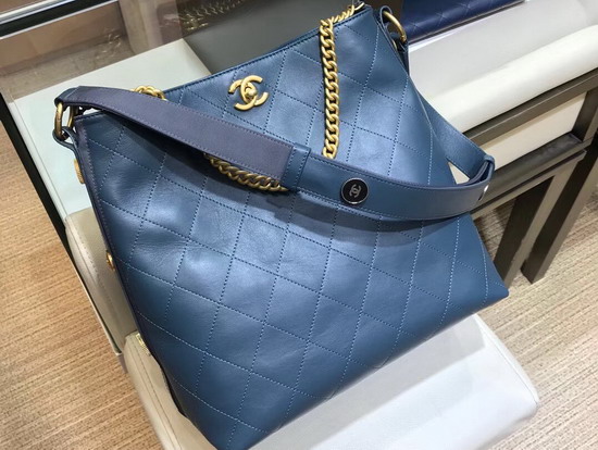 Chanel Medium Hobo Handbag Calfskin Grosgrain Gold Tone Metal Blue A57576