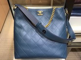 Chanel Medium Hobo Handbag Calfskin Grosgrain Gold Tone Metal Blue A57576