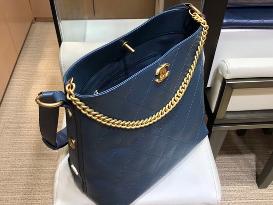 Chanel Medium Hobo Handbag Calfskin Grosgrain Gold Tone Metal Blue A57576