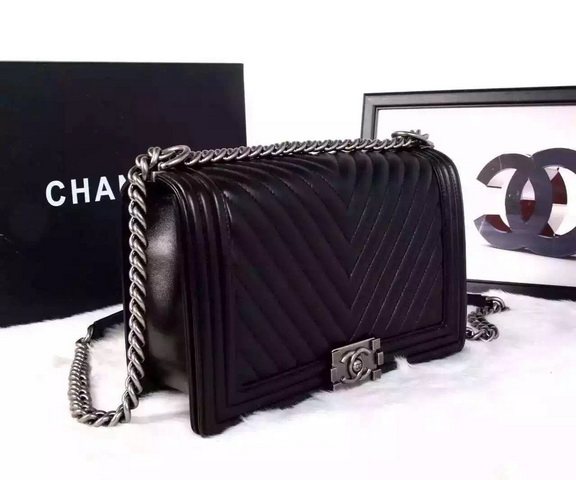 Chanel Medium Le Boy Black Chevron Lambskin Silver Hardware for Sale