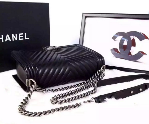 Chanel Medium Le Boy Black Chevron Lambskin Silver Hardware for Sale