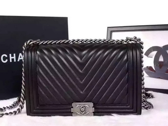 Chanel Medium Le Boy Black Chevron Lambskin Silver Hardware for Sale