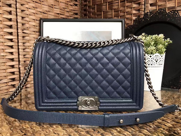 Chanel Medium Le Boy Caviar Leather Dark Blue Silver Hardware For Sale