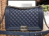 Chanel Medium Le Boy Caviar Leather Dark Blue Silver Hardware For Sale