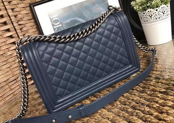 Chanel Medium Le Boy Caviar Leather Dark Blue Silver Hardware For Sale