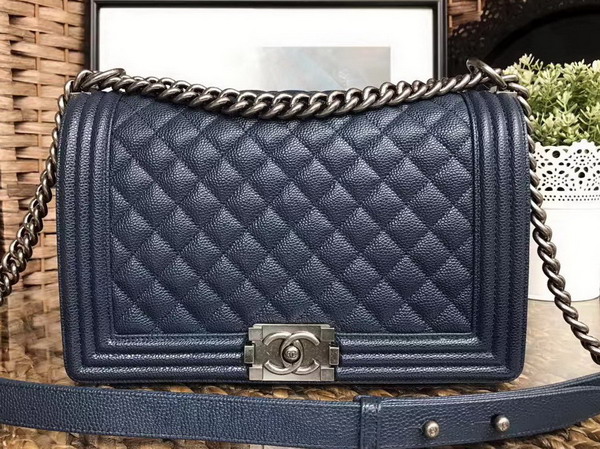 Chanel Medium Le Boy Caviar Leather Dark Blue Silver Hardware For Sale