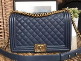 Chanel Medium Le Boy Dark Blue Caviar Leather Gold Hardware For Sale