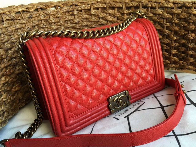 Chanel Medium Le Boy Red Caviar Antique Brass Hardware for Sale