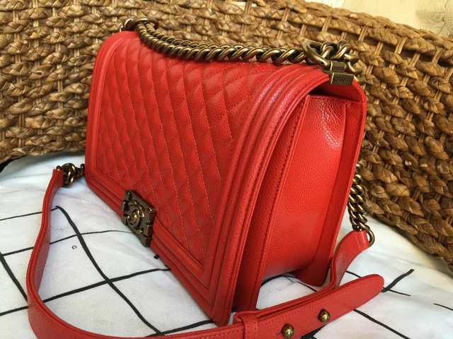 Chanel Medium Le Boy Red Caviar Antique Brass Hardware for Sale