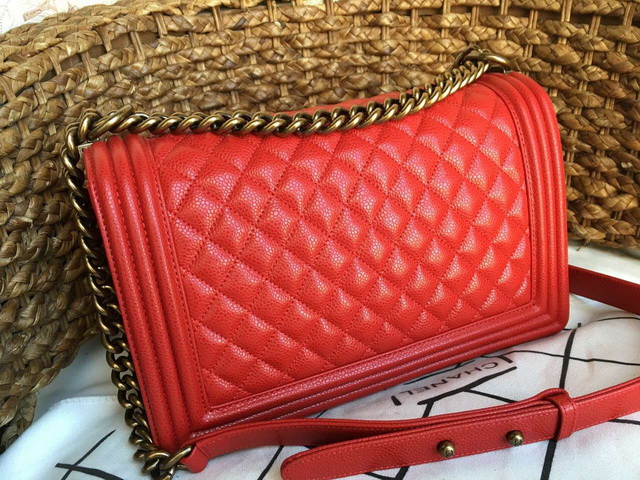 Chanel Medium Le Boy Red Caviar Antique Brass Hardware for Sale