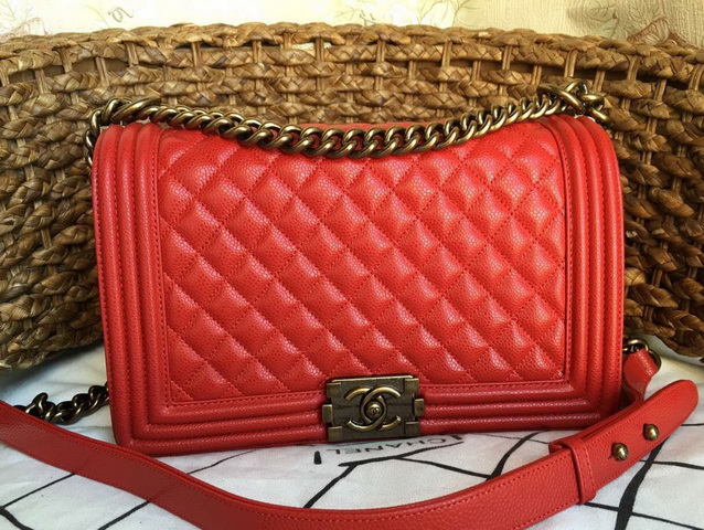 Chanel Medium Le Boy Red Caviar Antique Brass Hardware for Sale