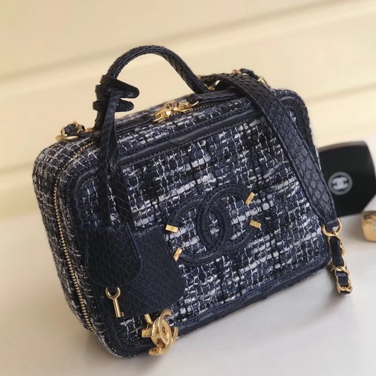 Chanel Medium Vanity Case Navy Blue Tweed Elaphe Gold Tone Metal