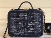 Chanel Medium Vanity Case Navy Blue Tweed Elaphe Gold Tone Metal