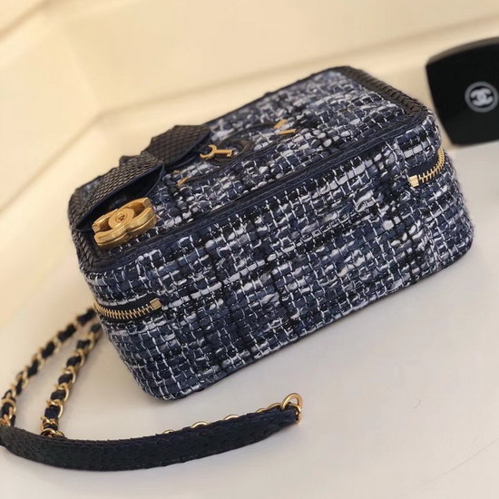 Chanel Medium Vanity Case Navy Blue Tweed Elaphe Gold Tone Metal