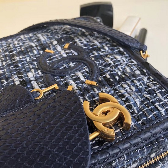 Chanel Medium Vanity Case Navy Blue Tweed Elaphe Gold Tone Metal