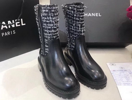 Chanel Mid Calf Boots Tweed and Calfskin Black