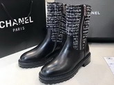 Chanel Mid Calf Boots Tweed and Calfskin Black