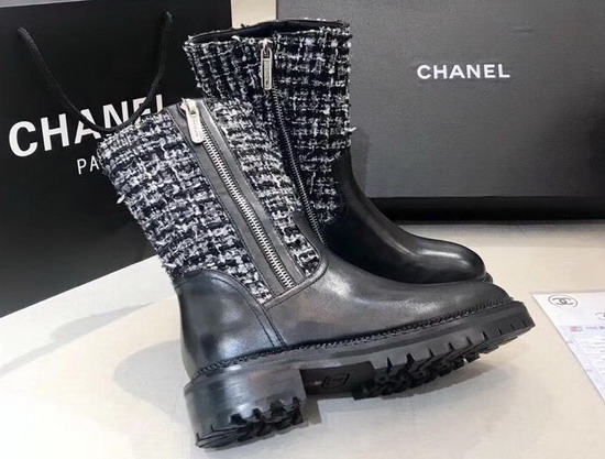 Chanel Mid Calf Boots Tweed and Calfskin Black