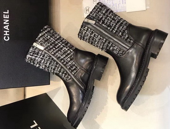 Chanel Mid Calf Boots Tweed and Calfskin Black