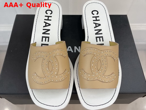 Chanel Mid Heel Mules in Beige Calfskin Replica