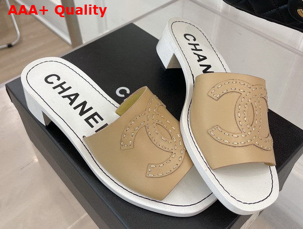 Chanel Mid Heel Mules in Beige Calfskin Replica