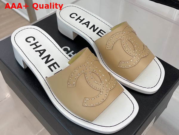 Chanel Mid Heel Mules in Beige Calfskin Replica