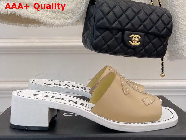 Chanel Mid Heel Mules in Beige Calfskin Replica