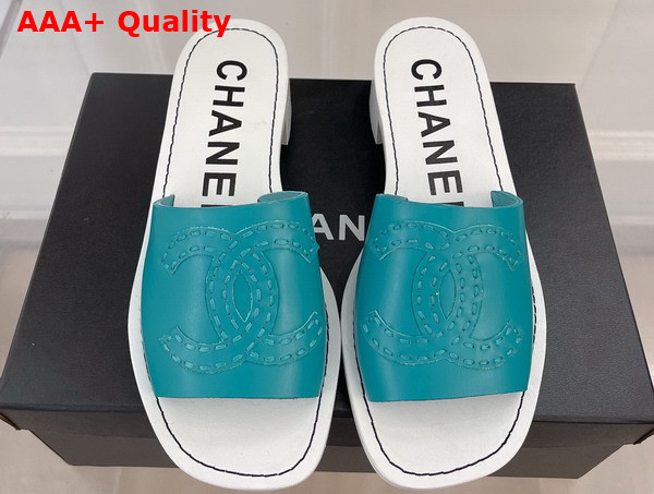 Chanel Mid Heel Mules in Peacock Blue Calfskin Replica