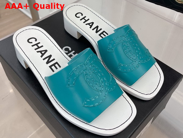 Chanel Mid Heel Mules in Peacock Blue Calfskin Replica