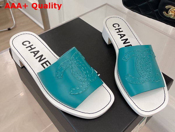 Chanel Mid Heel Mules in Peacock Blue Calfskin Replica