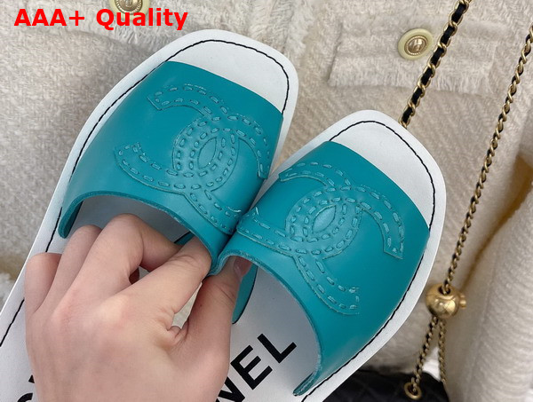 Chanel Mid Heel Mules in Peacock Blue Calfskin Replica