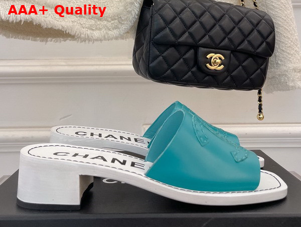 Chanel Mid Heel Mules in Peacock Blue Calfskin Replica