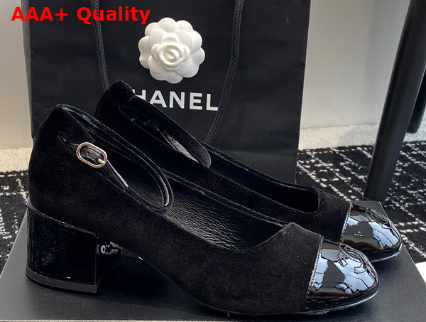 Chanel Mid Heel Pump in Black Velvet and Patent Leather Replica