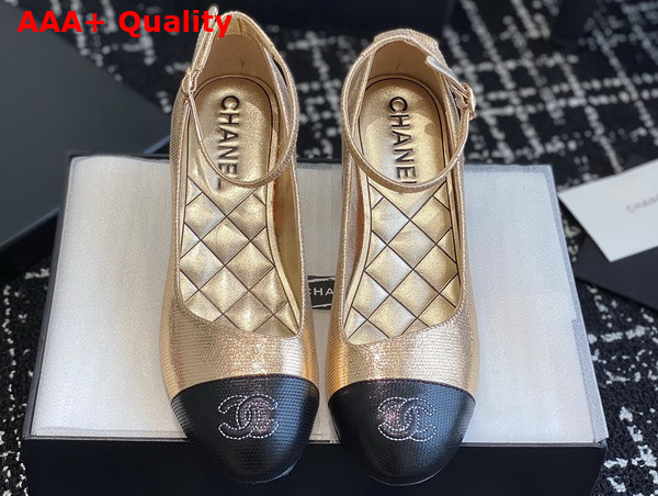 Chanel Mid Heel Pump in Gold and Black Lambskin Replica