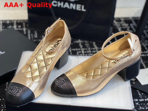 Chanel Mid Heel Pump in Gold and Black Lambskin Replica