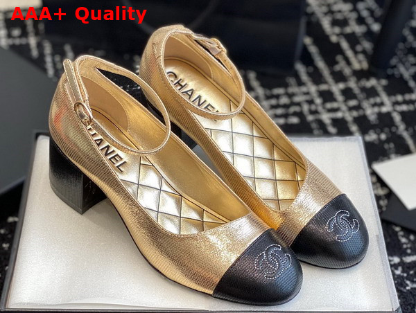 Chanel Mid Heel Pump in Gold and Black Lambskin Replica