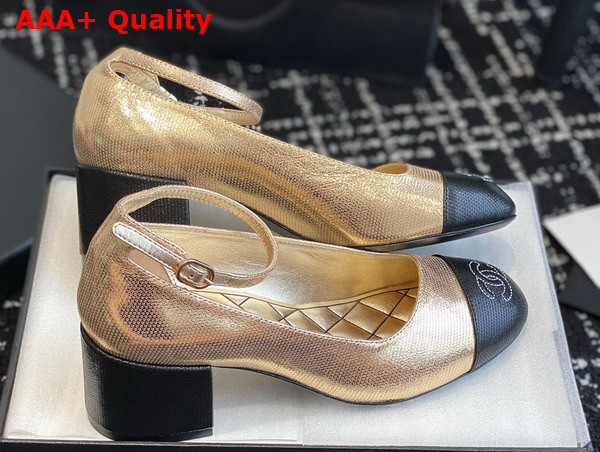 Chanel Mid Heel Pump in Gold and Black Lambskin Replica