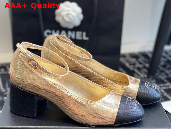 Chanel Mid Heel Pump in Gold and Black Lambskin Replica